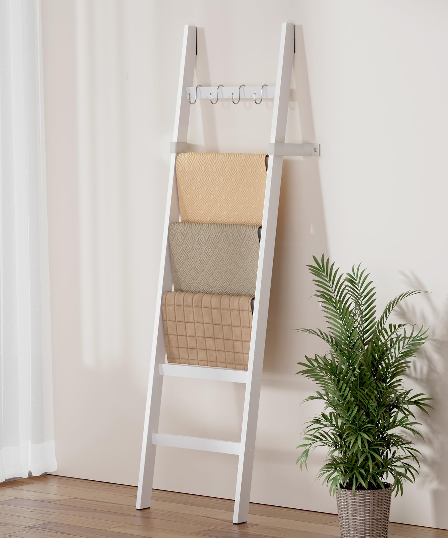 Yorbay Échelle Porte-Serviettes en Bambou à 6 Niveaux, avec 2 Sangles de Sécurité Anti-Chute et 4 Crochets Porte-Serviettes pour Salle de Bain Chambre à Coucher HxB 170 x 43 cm (Blanc)