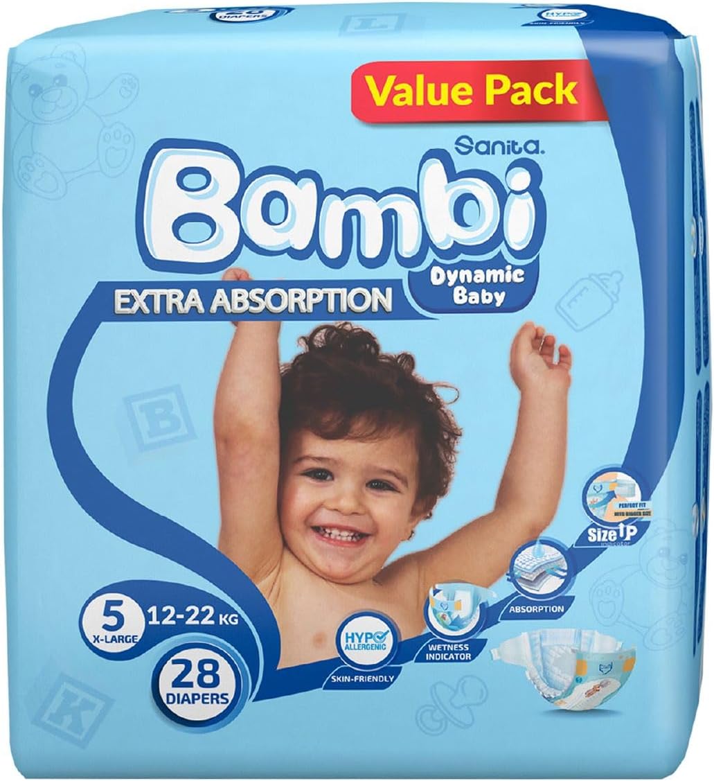 Sanita Bambi Baby Diapers Value Pack Size 5, X-Large, 12-22 KG, 28 Count