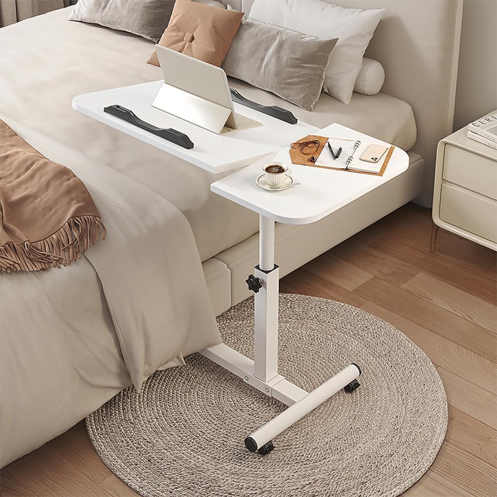 Lifting and Rotating Laptop Desk for Home and Office, Movable Bedside Table with Rollers, Adjustable Computer Stand, with 4 Wheels Sofa Side Table, Coffee Table 60 * 40 (WHITE1)