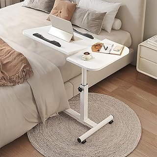 Lifting and Rotating Laptop Desk for Home and Office, Movable Bedside Table with Rollers, Adjustable Computer Stand, with 4 Wheels Sofa Side Table, Coffee Table 60 * 40 (WHITE1)