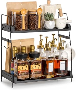 PUERSI Coffee Station Organizer, 2 Tier Coffee Bar Accessories Storage Rack | Wooden Kitchen Storage & Organization with Hooks, Countertop Shelf for Home, Kitchen, Office, Bathroom - Black