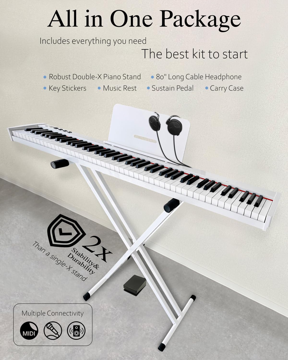 【Pack complet avec support】 Longeye Piano Numérique 88 Touches Clavier Électrique Semi-Lesté Compact et Portable pour Débutants, Sac de Transport, Pupitre, Pédale de Sustain,Blanc(slim-88)