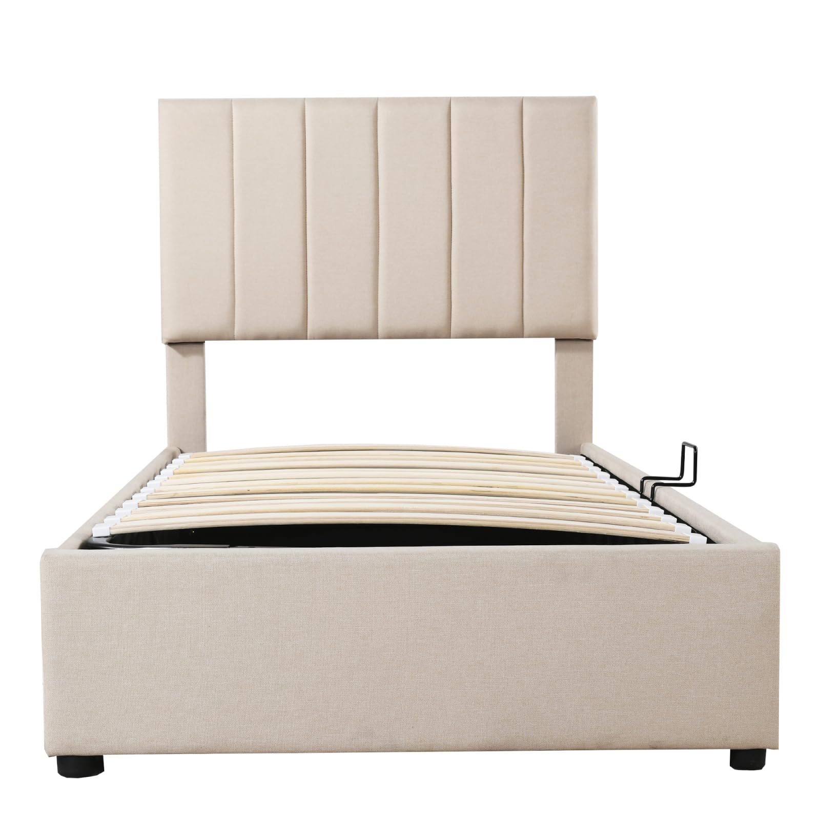 BestAlice Letto per bambini 90x200 cm, letto singolo imbottito 90x200 cm con rete a doghe, testiera regolabile, letto contenitore idraulico alto in lino beige delicato sulla pelle