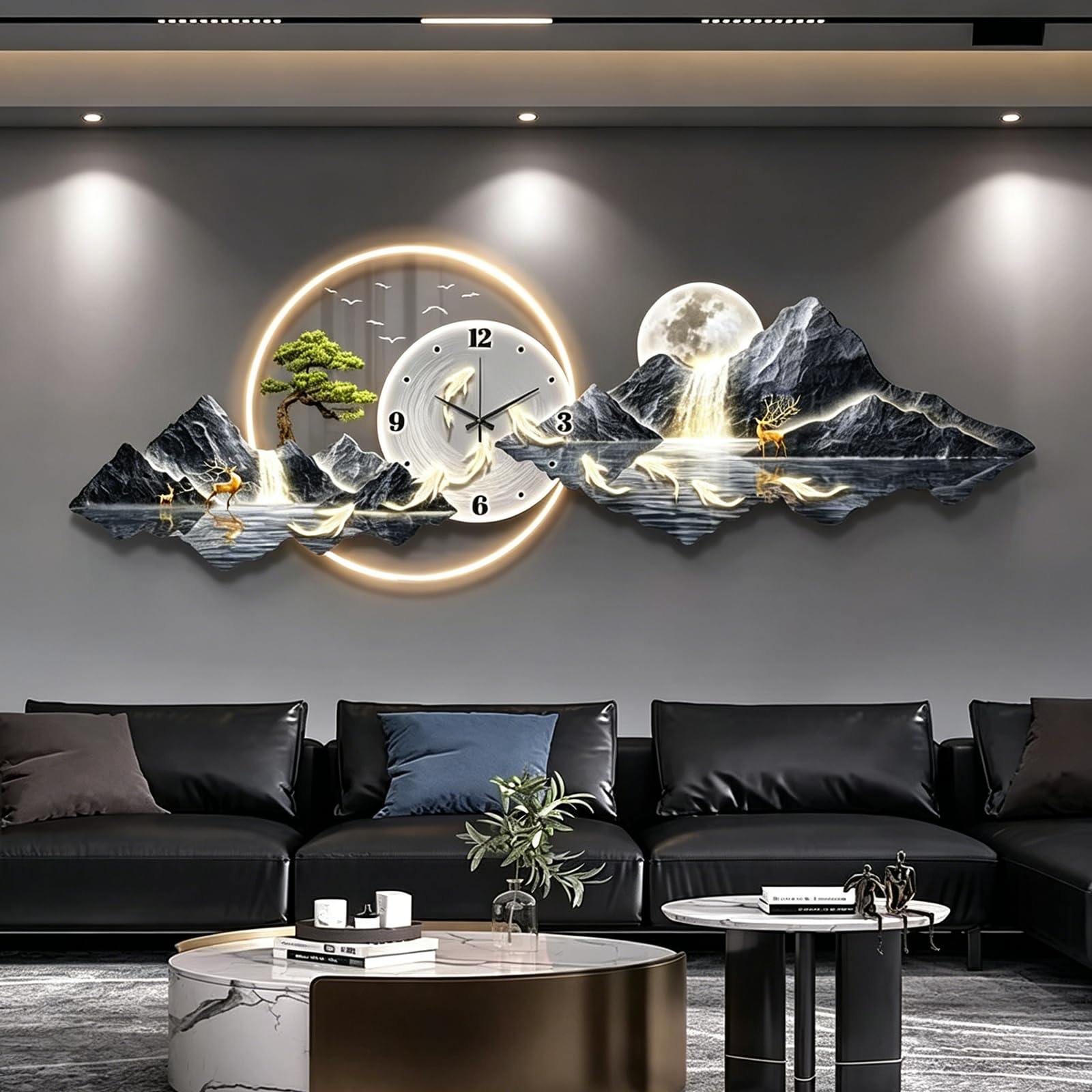 Large Wall Art Clock with LED Light, 3D Mountain Landscape Wall Art Decor with Warm Glow, Modern Home Decorative Silent Wall Clocks for Living Room Bedroom Entryway style-C 70.87×23.62 in(180*60cm)