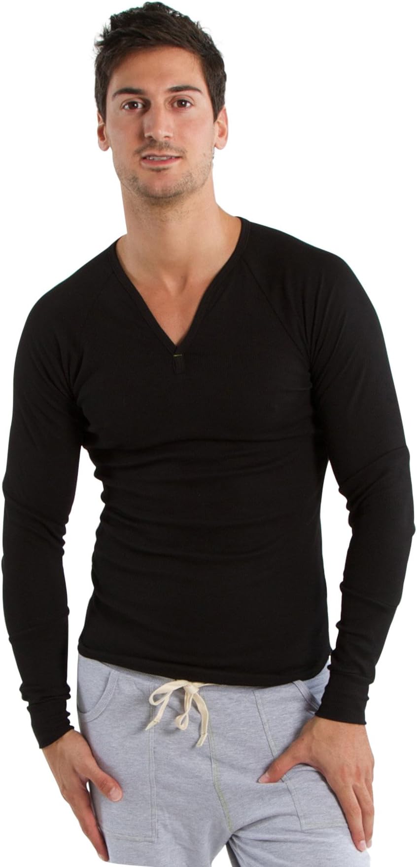 4-rth Men's Ribbed Thermal V-Neck Long Sleeve Yoga & Gym Henley Modal Fabric Made in America Stretch European Style Fit