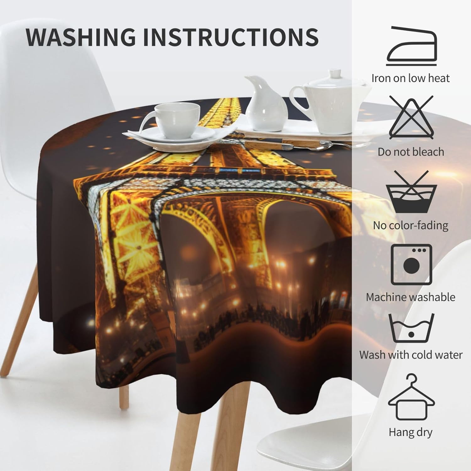 Eiffel Tower Print Wrinkle Free Dining Table Cover for Birthday Party Farmhouse Tablecloths Up to 60 x 60 Inches