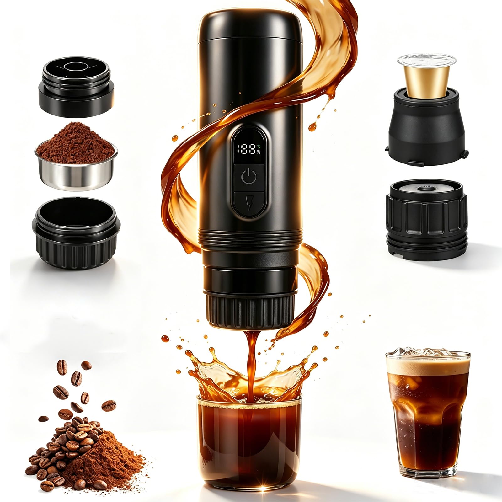 Cafetera Portátil Espresso,20 Bar Cafetera Portatil Capsulas Recargable Compatible con Cápsulas Pequeñas y Café Molido Autocalentamiento Cafetera Portátil para Viajes Acampada Oficina
