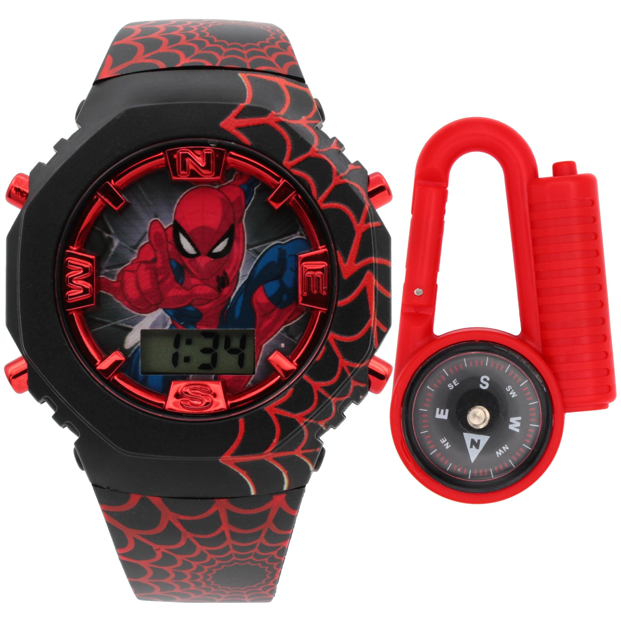 Spider-Man Kids LCD Digital Watch with Clip-On Compass Accessory Featuring Marvel Web Design + Adjustable Strap + Time Display for Young Explorers - Red (SPD40184MAC)