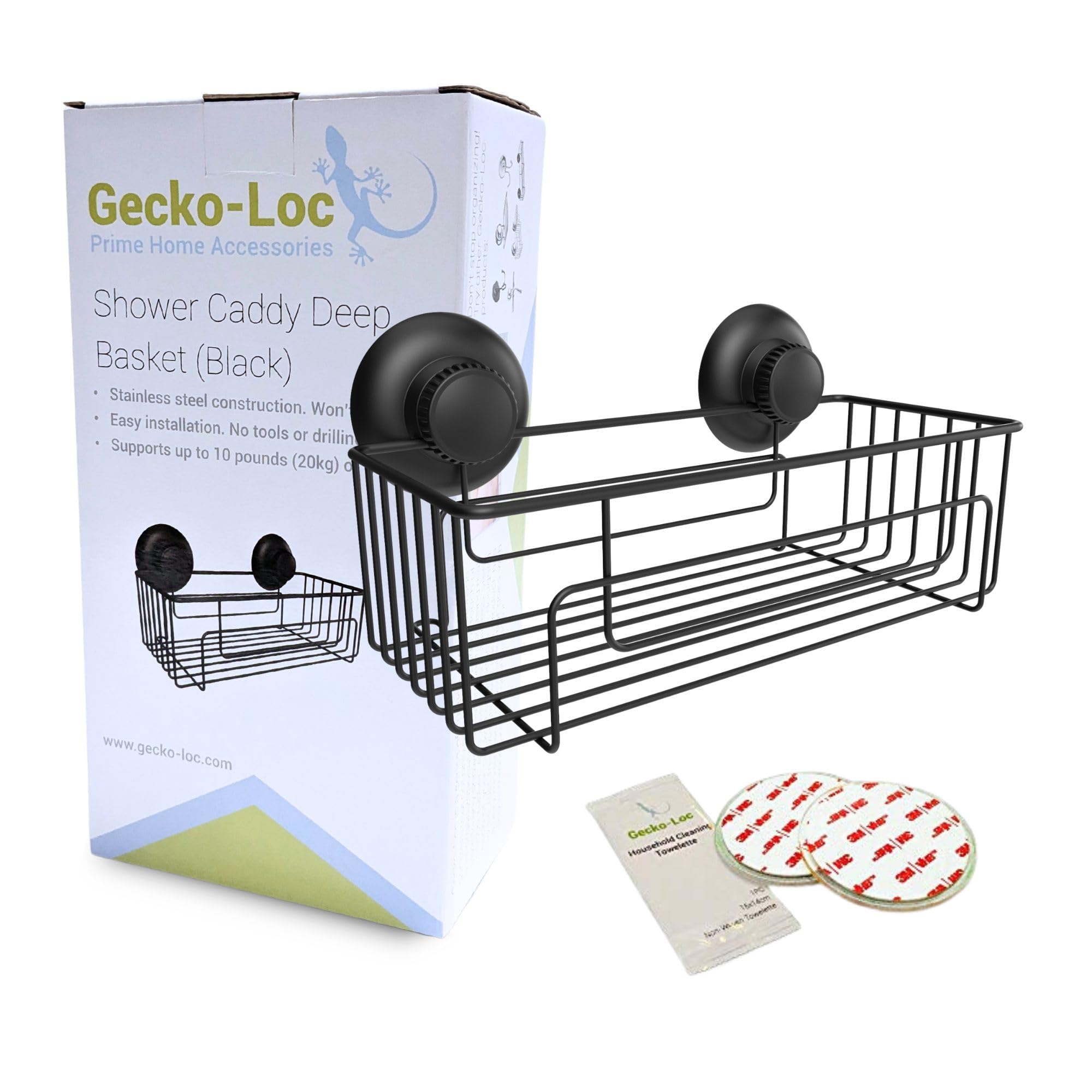 Gecko-Loc Large Deep suction cup wall mount bathroom shower caddy - shampoo storage basket shelf organizer caddie bath shelves - Black