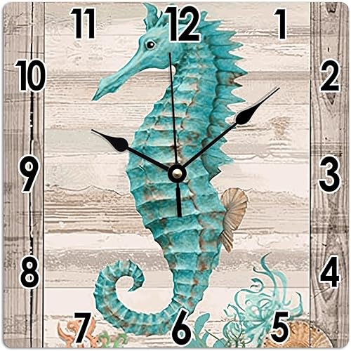 Reloj rústico vintage de 12 x 12 pulgadas, estilo vintage, con acuarela, caballito de mar, PVC, para pared, playa, casa, verano, cocina, comedor