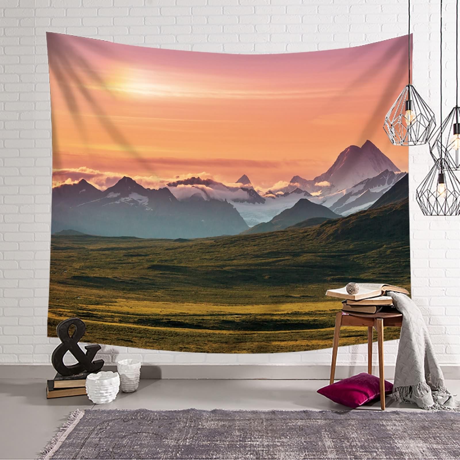 Gualiy Tapisserie Modern Neblig Berge, Wandbehang 260x240 Natur Landschaft Wandbehang für Schlafzimmer Wohnzimmer, Orange Grün