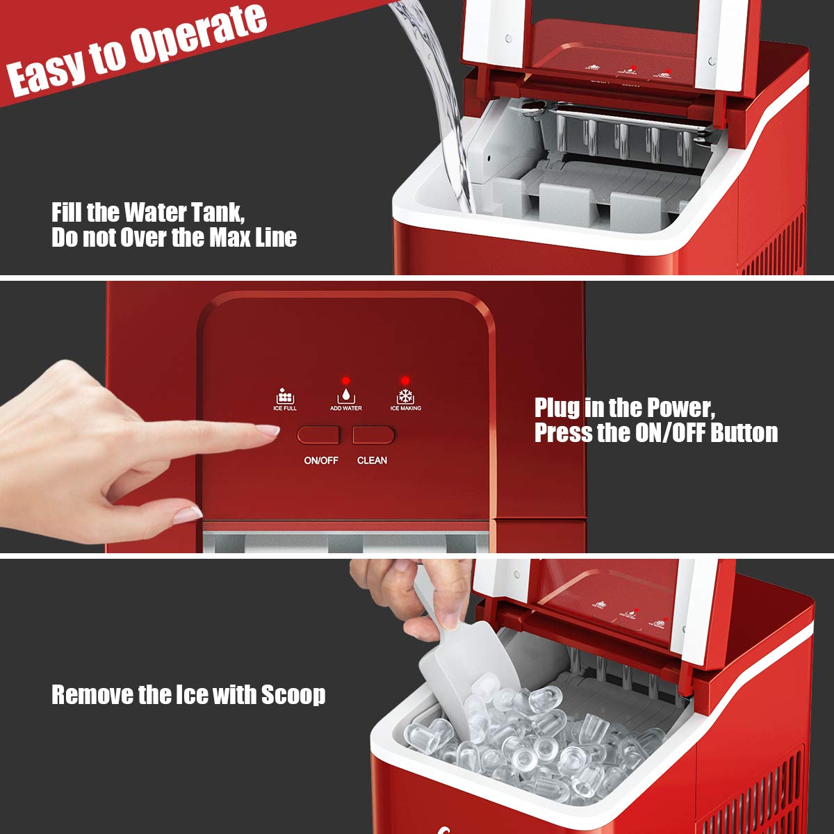 COSTWAY Countertop Ice Maker, 26lbs/24h Portable Ice Machine With Self-Cleaning Function, Bullet Ice Cubes Ready In 8 Mins, Scoop And Removable Basket,Ice Maker For Home Party Bar, Red on Fridge.com - View 5