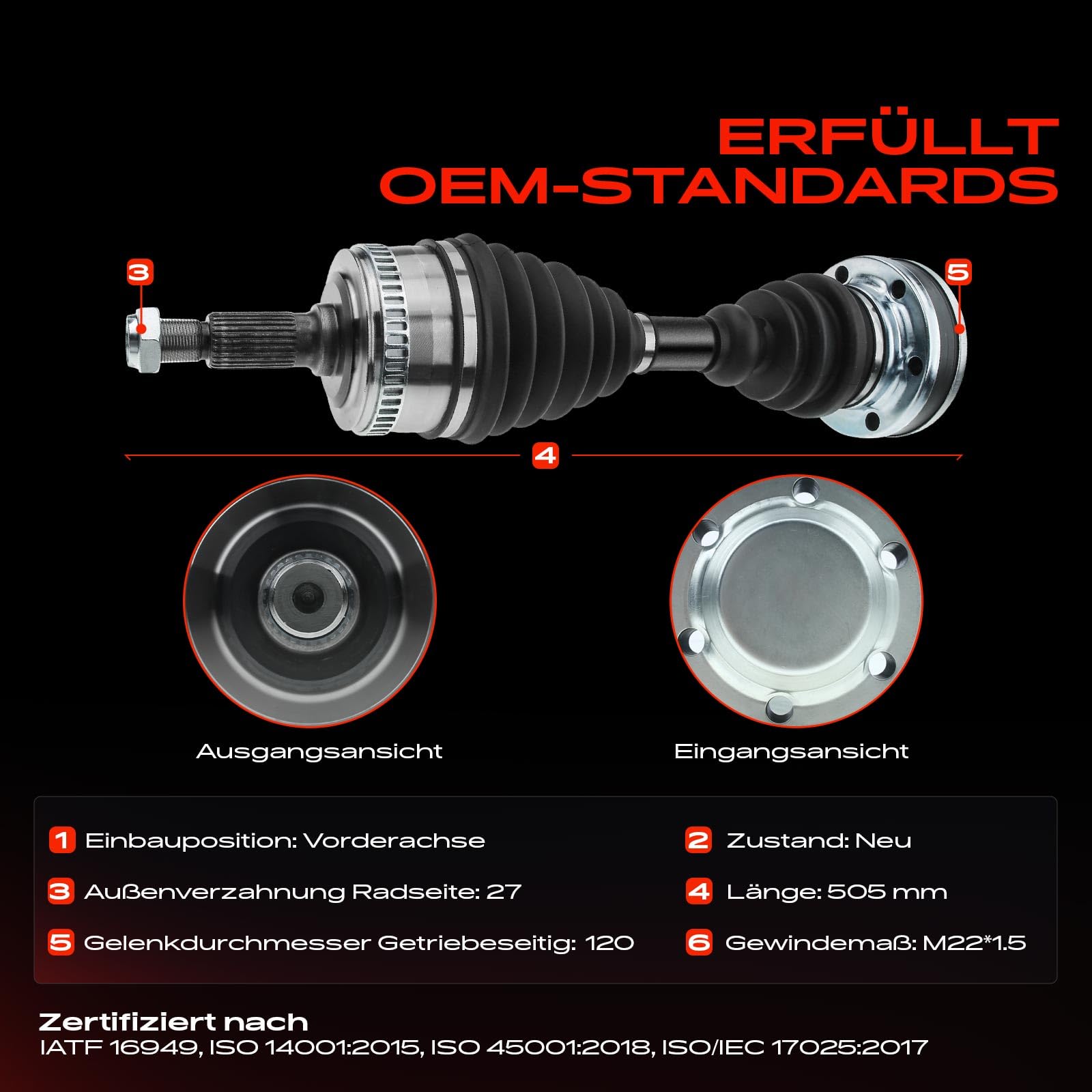 Frankberg Eje motriz Eje de transmisión con ABS Ring Eje delantero Compatible con V-Klasse 638/2 V200 V220 Vito Bus W638 108 110 112 Vito Combi W638 108 110 112 Replace# 6383342334