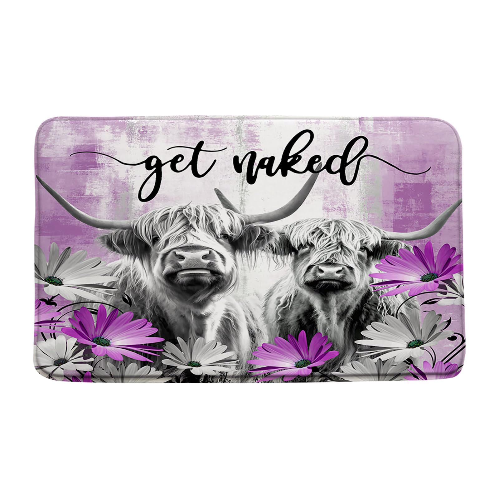 Farmhouse Highland Cow Get Naked Bath Mat Farm Animal Portrait of Highland Cow Longhorn Bull Rustic Flower Funny Western Bathroom Rug Absorbent Doormat Kitchen Toilet Floor Rug