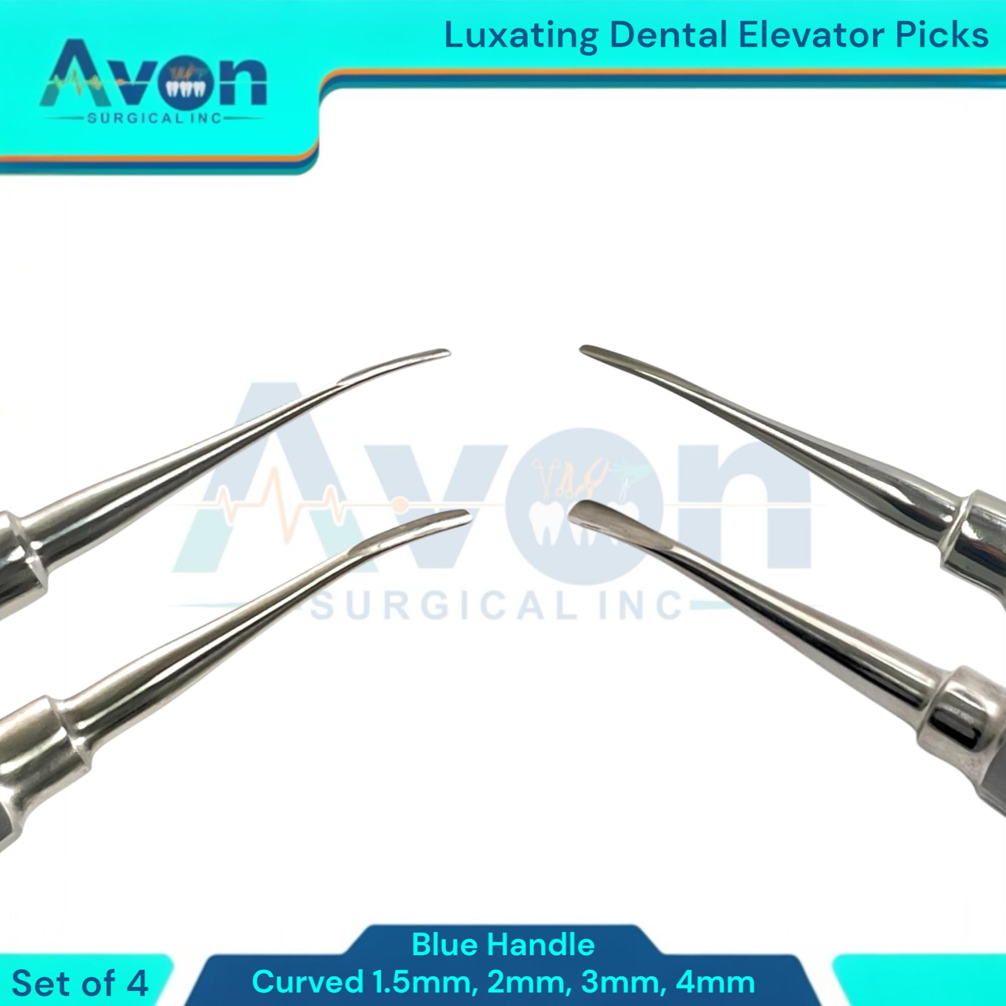 Dental Apical Elevator Set - Curved Tip Luxating Picks - 1.5mm+2mm+3mm+4mm | Blue Hollow Handle - Autoclave-Safe German Stainless Steel (Set of 3pcs)