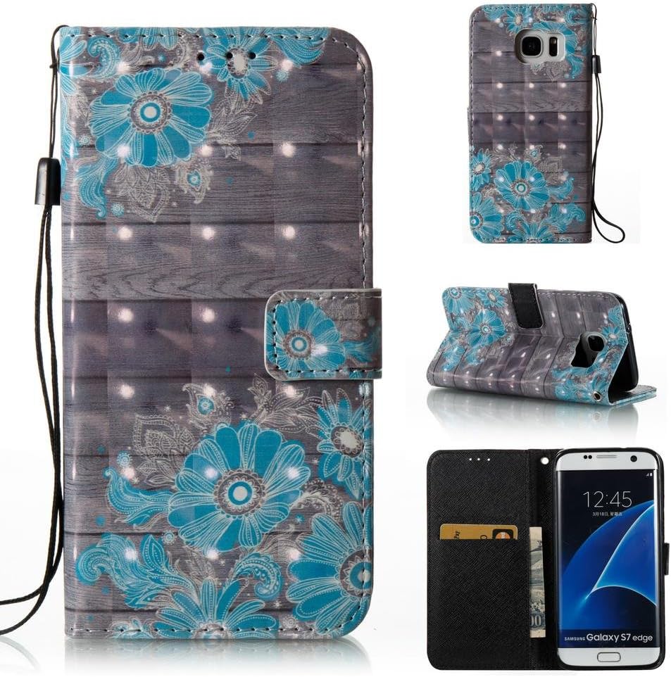Galaxy S7 Edge case, PU Leather Shock Proof bumper Case stand Book Case Magnetic Card Holder with strap birthday Xmas gift for samsung s7 edge-flower3