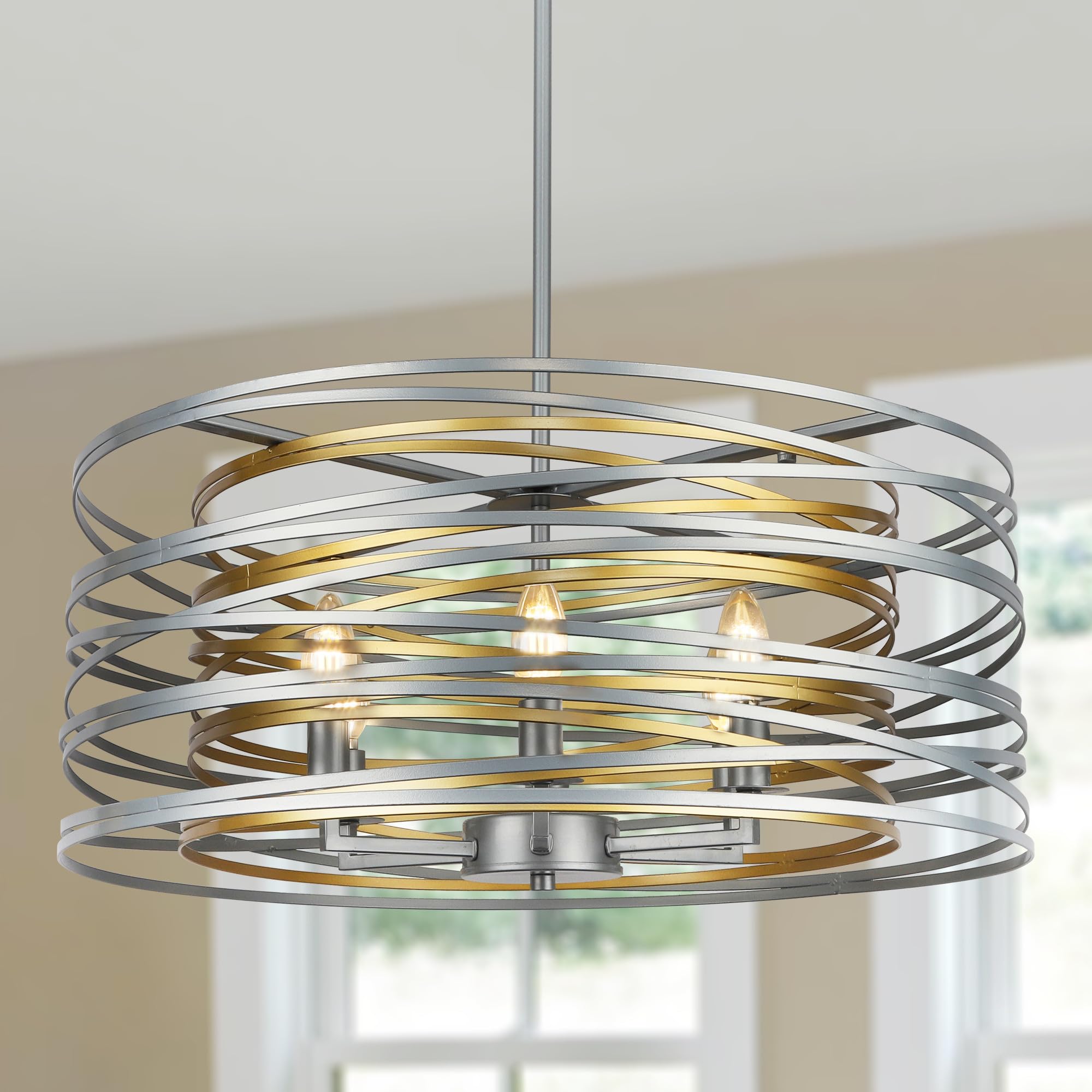 Photo 1 of ACNKTZ 23.6'' Large Vintage Round Chandelier, 6-Light Modern Farmhouse Lantern Chandelier, Antique Double Drum Chandelier for Dining Room Entryway Kitchen Island Foyer, Silver with Gold Interior 23.6"/6-Light Silver with Gold Interior