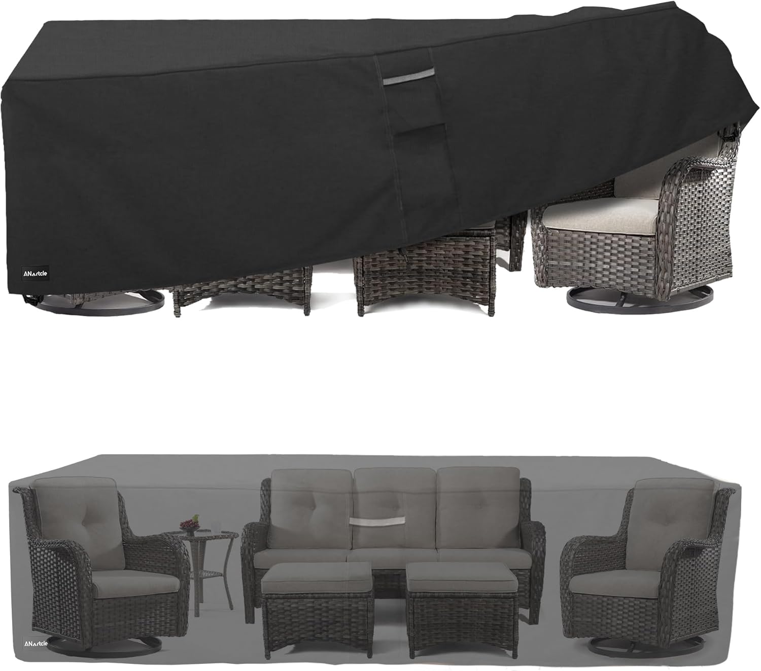 ANartcle Patio Furniture Covers 126L x 74W x 28H inch,600D Waterproof Heavy Duty Outdoor Furniture Covers,Outdoor Wicker Furniture Set with Swivel Patio Chairs General Purpose Furniture Cover,Black