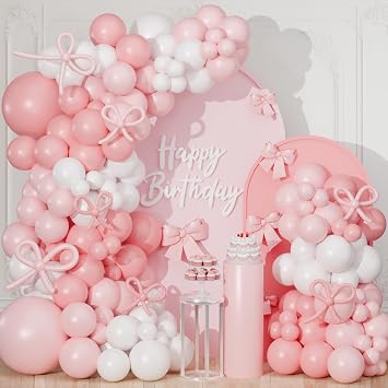 Pink Bow Balloon Arch Kit,130 PCS Coquette Birthday Decorations, Pastel Pink and White Garland Include Light blush Coquette Bow Balloon for Wedding Bridal Baby Shower Girls Birthday Decoration