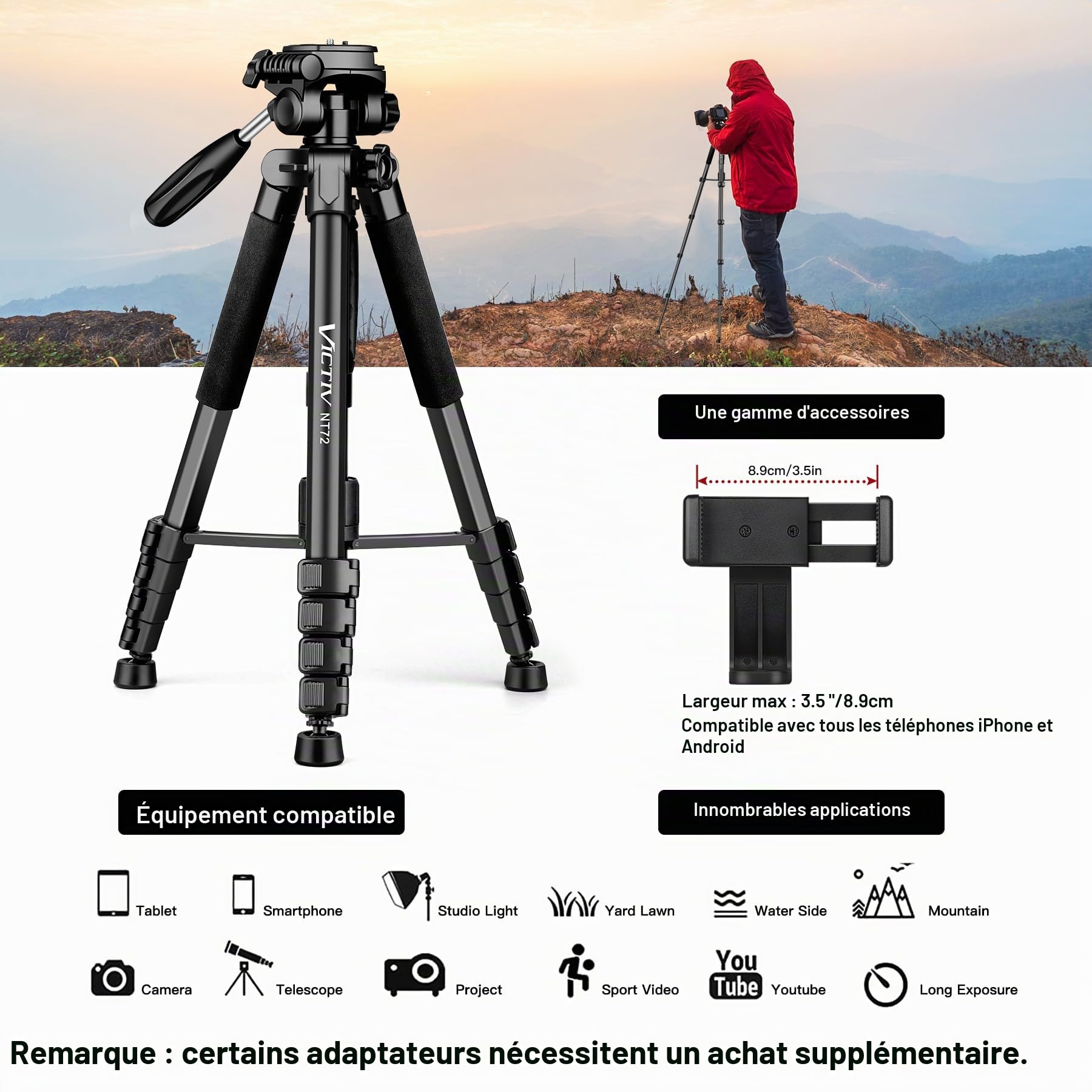Victiv Trépied en aluminium T72 pour appareil photo - Hauteur maximale : 182 cm - Léger et compact - Avec tête pivotante à 3 voies et 2 plaques de dégagement rapide pour prise de vue vidéo DSLR - Noir