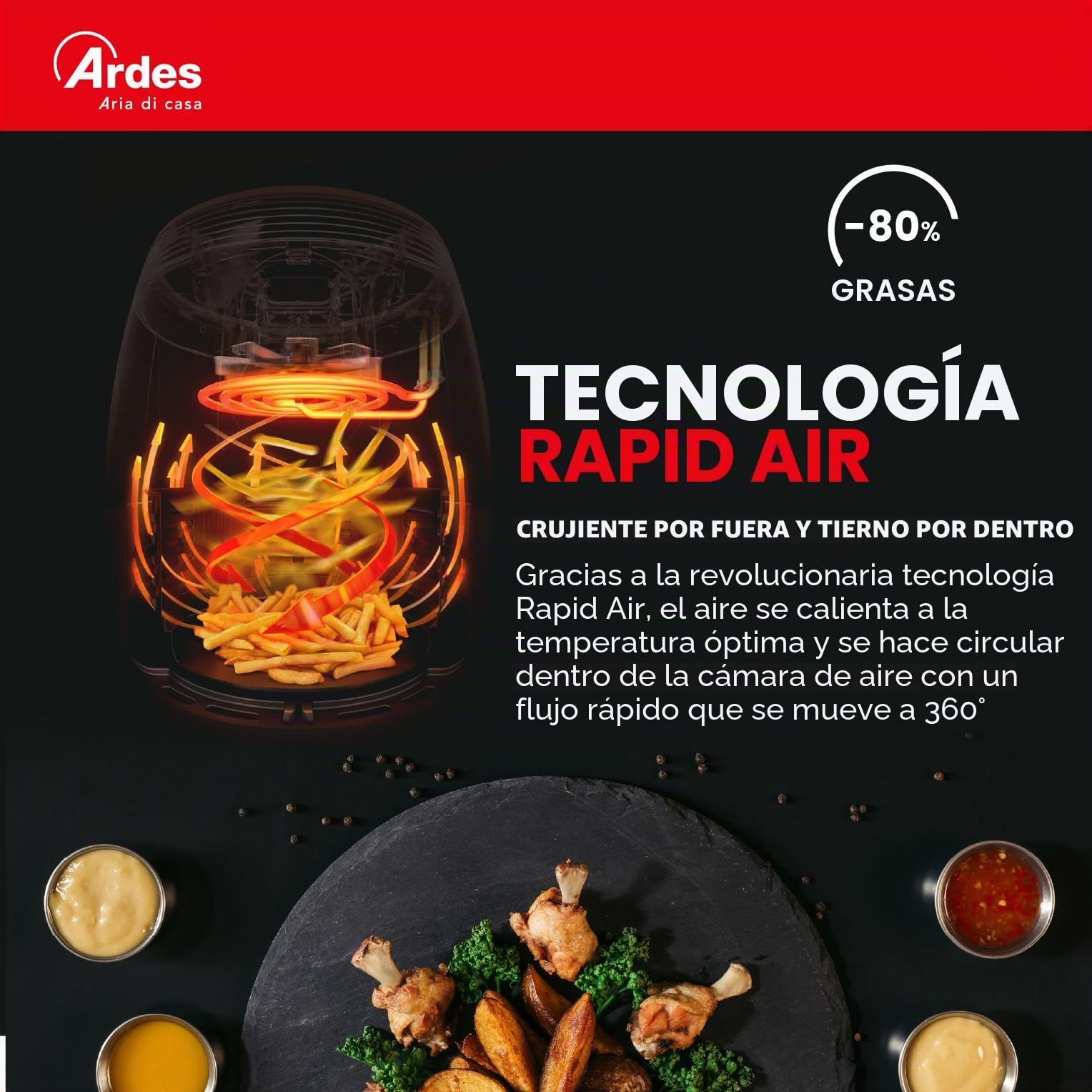 Ardes FRIGGISANA INFINITY 5L Freidora de Aire Slim XL 5L con Pantalla Digital Táctil, Temporizador 60’, 5 Programas y Cavidad Súper Profunda Antiadherente