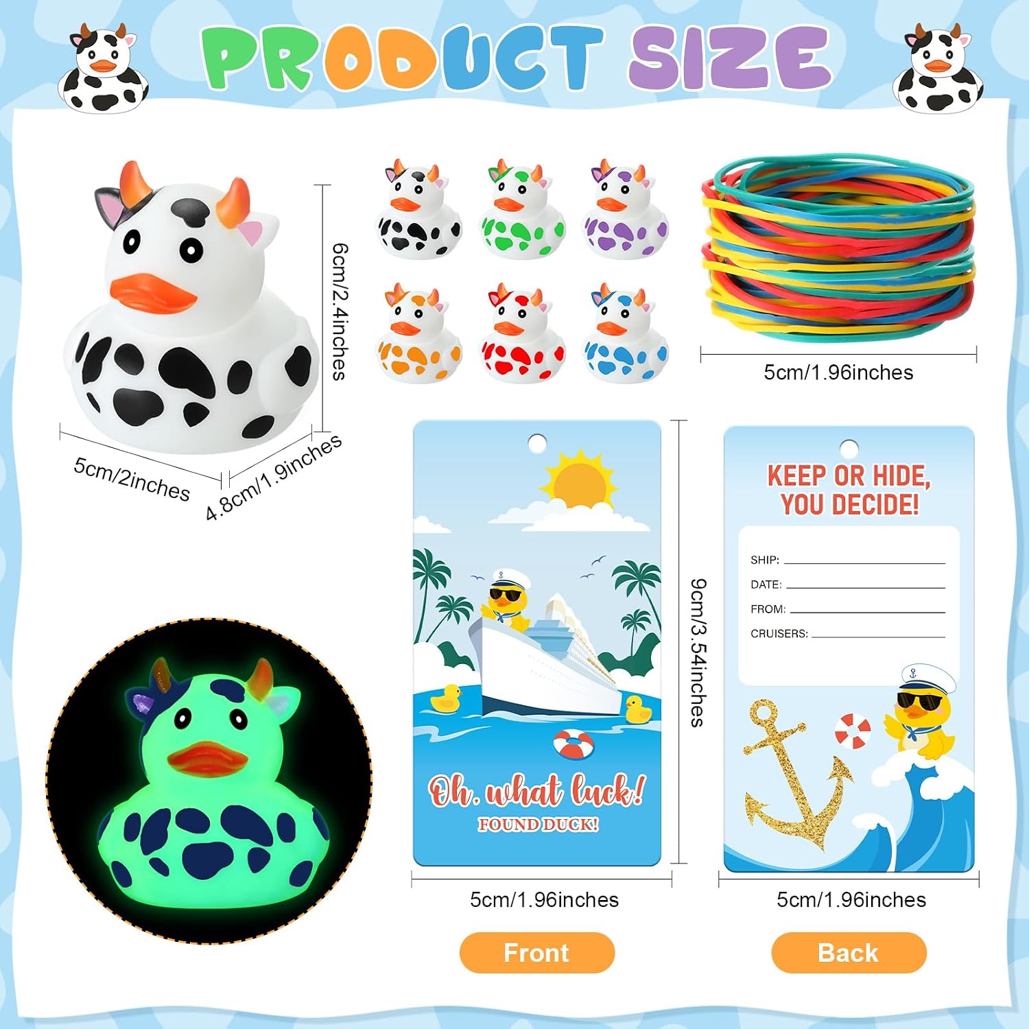 72 Pcs Mini Cruise Rubber Cow Ducks Tag Kit Glow in The Dark Colorful Cruise Ducks Bulk with Cruising Tag Elastic Band Cow Party Favors Gifts for Hiding Ship Swimming Party Decoration thumbnail
