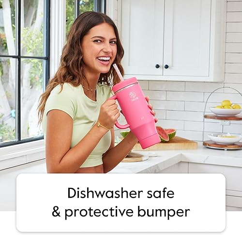 Miniatura 4 de Takeya Vaso de acero inoxidable de 40 onzas con tapa y dos popotes, calidad premium, aislamiento de doble pared, con asa, mantiene las bebidas frías