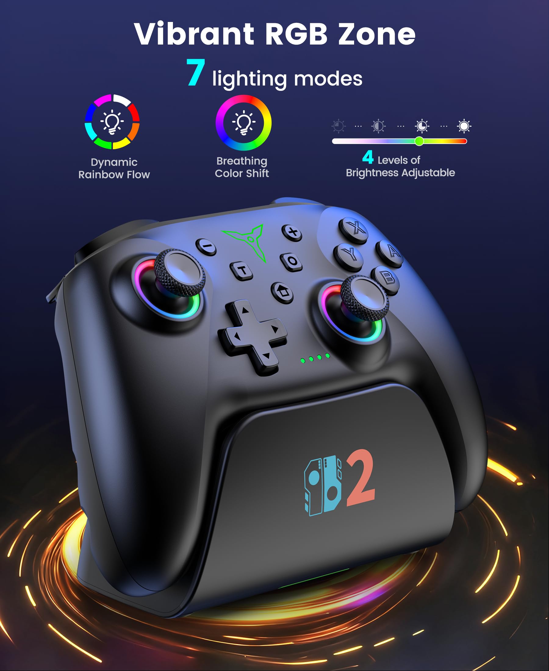 BEBONCOOL HOTS Switch Controller mit Ladestation,kabellos Pro Controller, Aufwachfunktion/Hall-Effect-Joystick/RGB/programmierbar/Turbo/Dual Motor Vibration/15h Akku–für Switch 2/Switch/OLED/Lite - 3