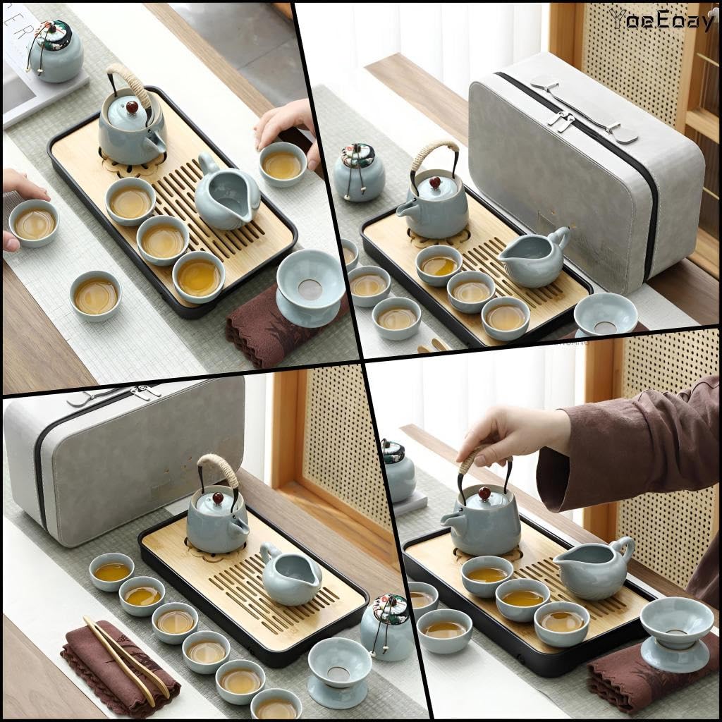 Hochwertiges Keramik Gongfu-Teeservice - 13-teiliges Tragbares Tee Set Für Erwachsene,mit Grauem Lederetui,perfekt Für Zuhause,Outdoor Und Geschäft,Chinesisches Porzellan-Teeservice