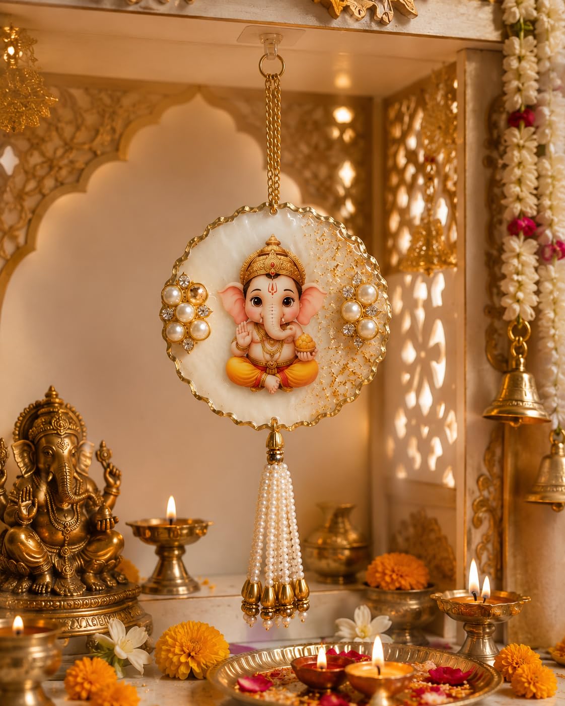Bloom Resin Ganesh Car Hanging 3 Inch | Handmade Resin Rear View Mirror Hanging with Lord Ganesha Design & Pearl Tassels | Spiritual Car Decor for Dashboard, Home, Office | Religious Gift Accessory