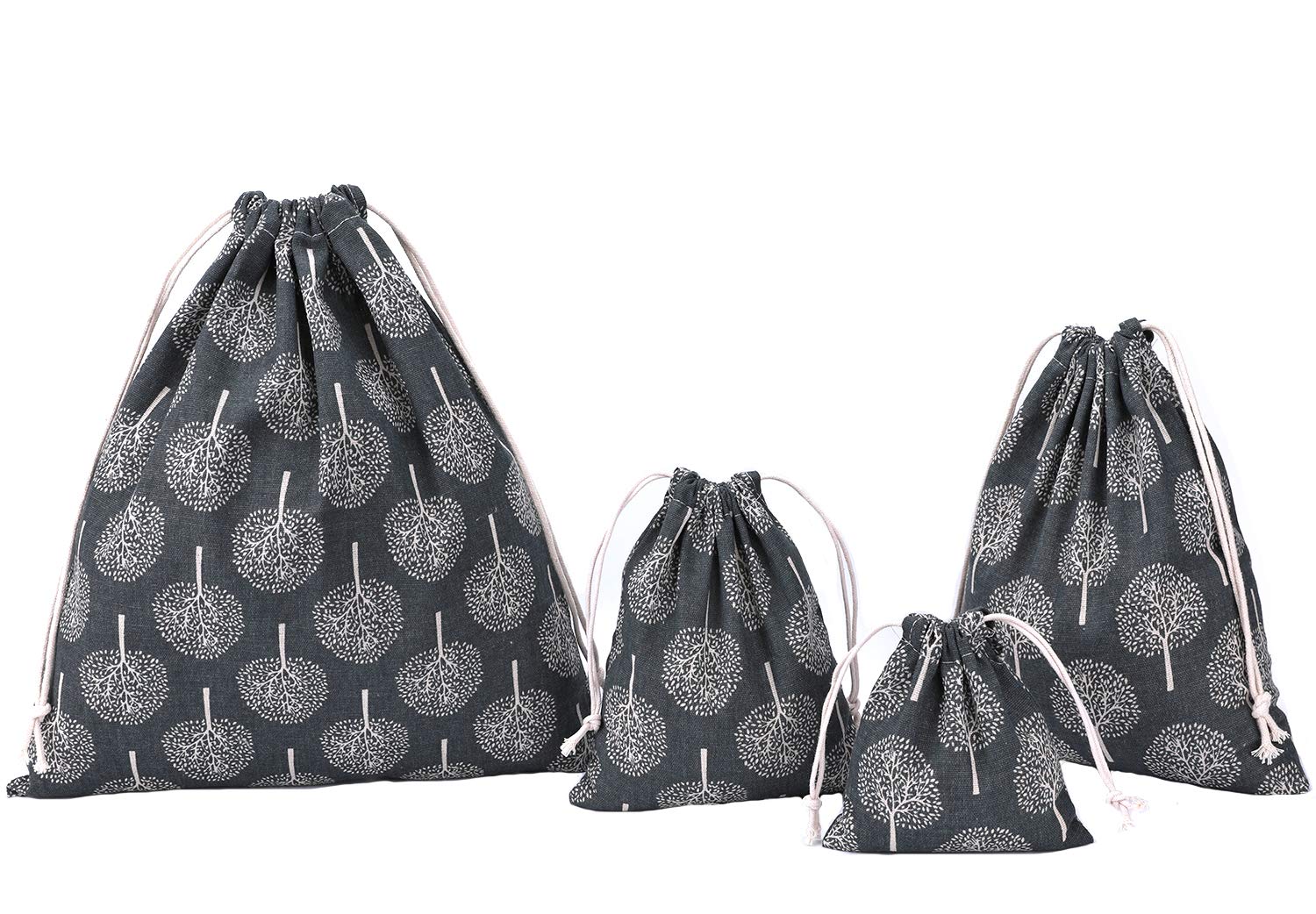 Amoyie Grey Tree Cotton Drawstring Bag 4Pcs, Storage Bag Sets, Fabric Organiser Pouch