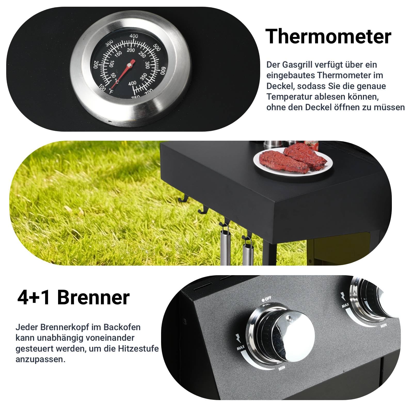 TLSUNNY Gasgrill 4+1 Brenner 15 kW, BBQ Grillwagen Gas mit Seitenkochfeld, Gasgriller Outdoor Edelstahl mit Thermometer, 4 PCS Rollen, 60x42 cm Grillrost & Warmhalterost, Grillküche für Balkon, Garden