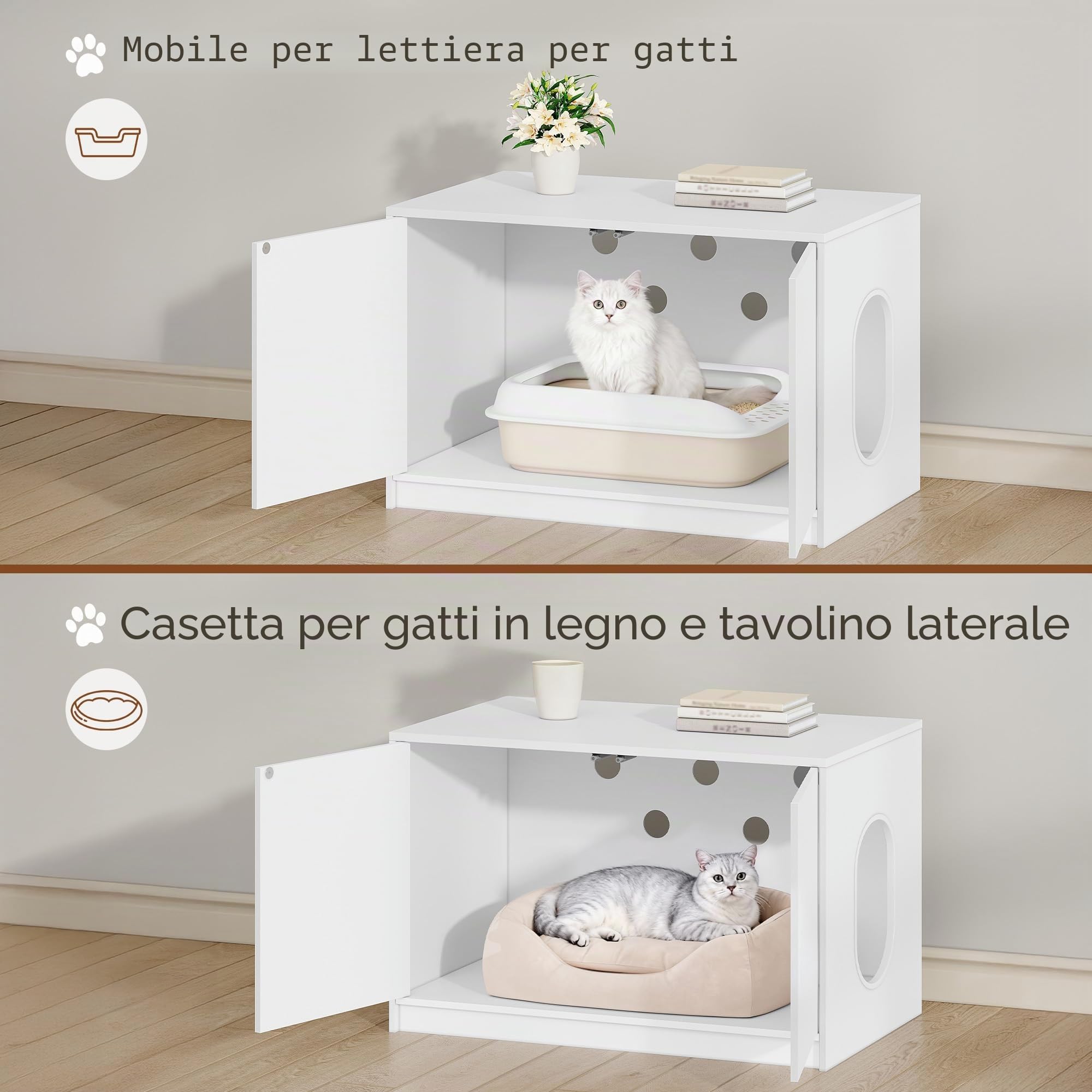 Mobile Lettiera per Gatti, 80 x 50 x 51,5 cm, Bianco | Mobile Nascosto per Lettiera con Ante Apribili a Pressione e Fori di Ventilazione, Casetta in Legno per Gatti, Minimalista