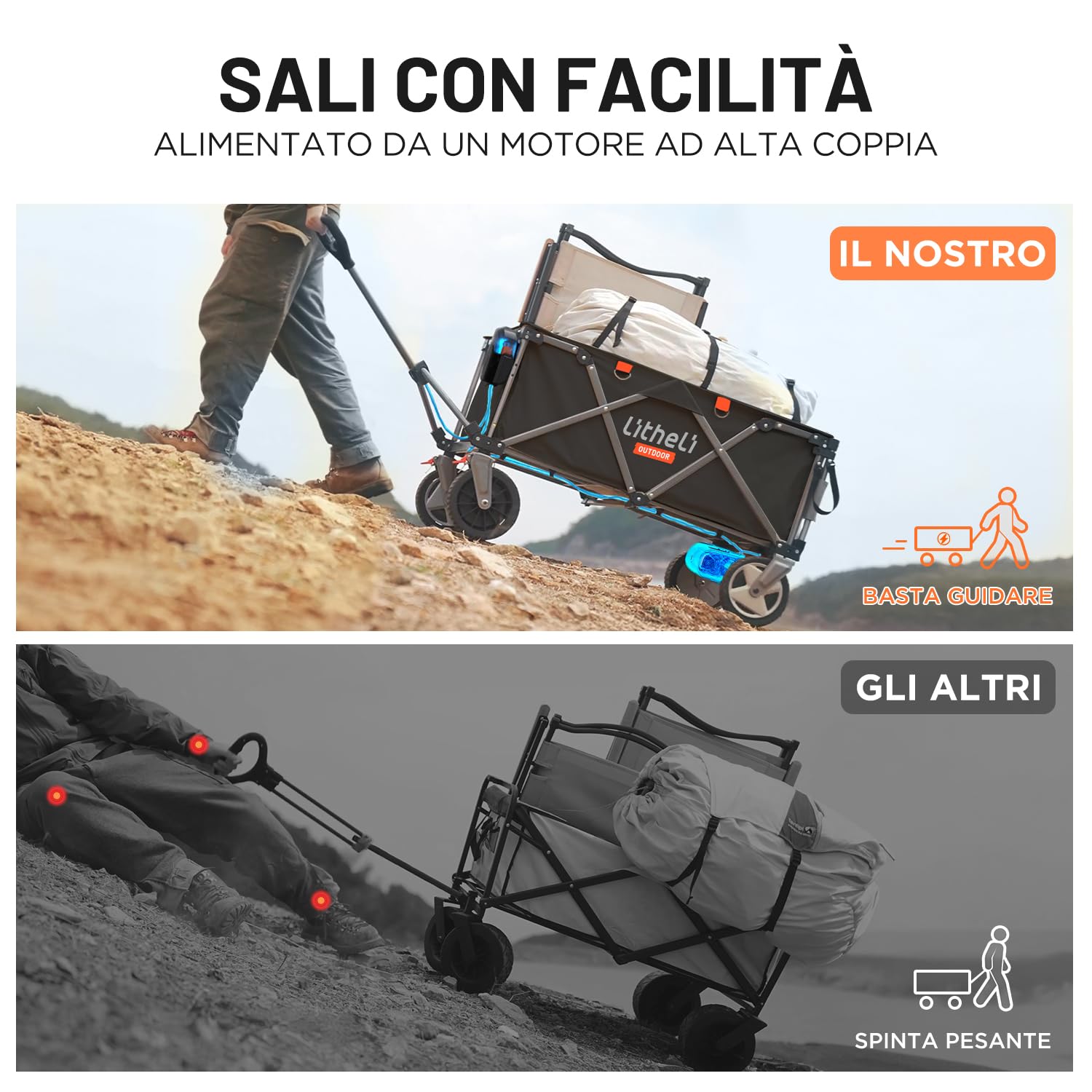 Litheli Carrello elettrico pieghevole, pieghevole, con freni, portata 200 l, 60 kg, adatto per campeggio, giardino, shopping (nero, 1 batteria)