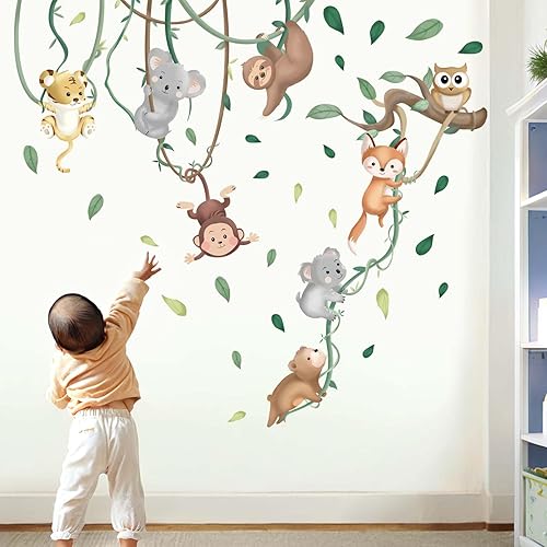 Calcomanías de pared de animales bebés para guardería calcomanías de pared para dormitorio de niños, aula, guardería, animales de la selva,