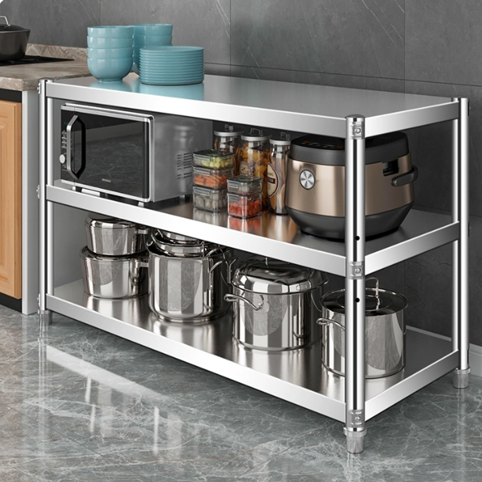 Scaffale da cucina a 3 ripiani in acciaio inox, resistente, per forno a microonde e dispensa commerciale, facile da pulire, ideale per casa e ristorante (60 x 40 x 80 cm)