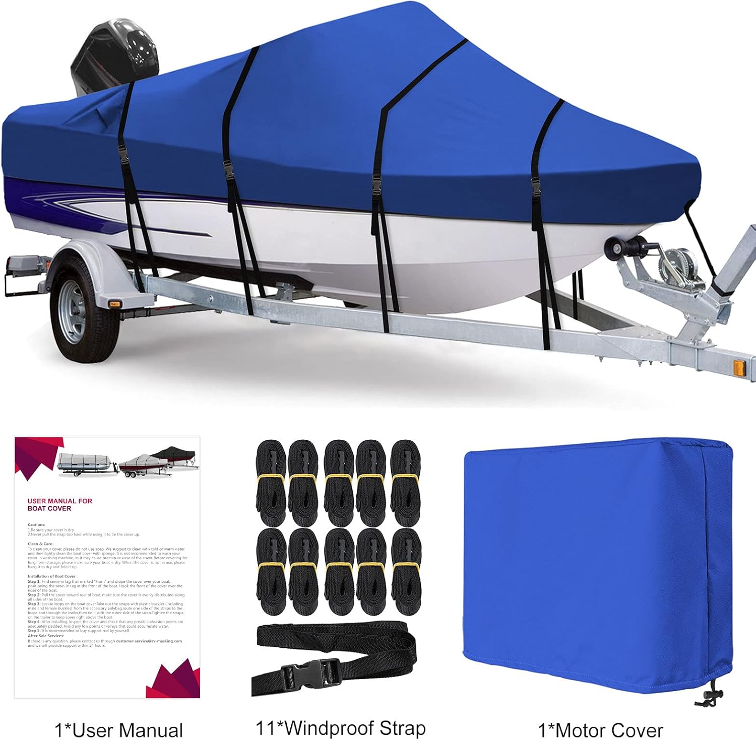 RVMasking Waterproof 800D Polyester Trailerable Full Size Boat Cover for V-Hull Runabouts Outboards and I/O Bass Boats, Motor Cover Include (Blue, Length:17'-19' Beam Width: up to 96") : Sports & Outdoors