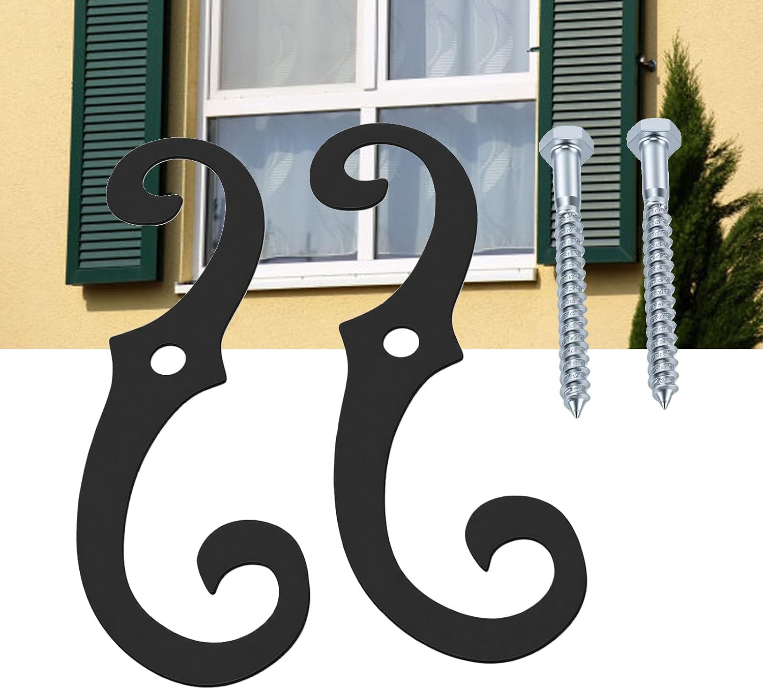 Fafeicy 2pcs S Style Shutter Dogs 6.3in Iron Shutter Holders with Screws, Black Exterior Tieback Hardware for Window Decor