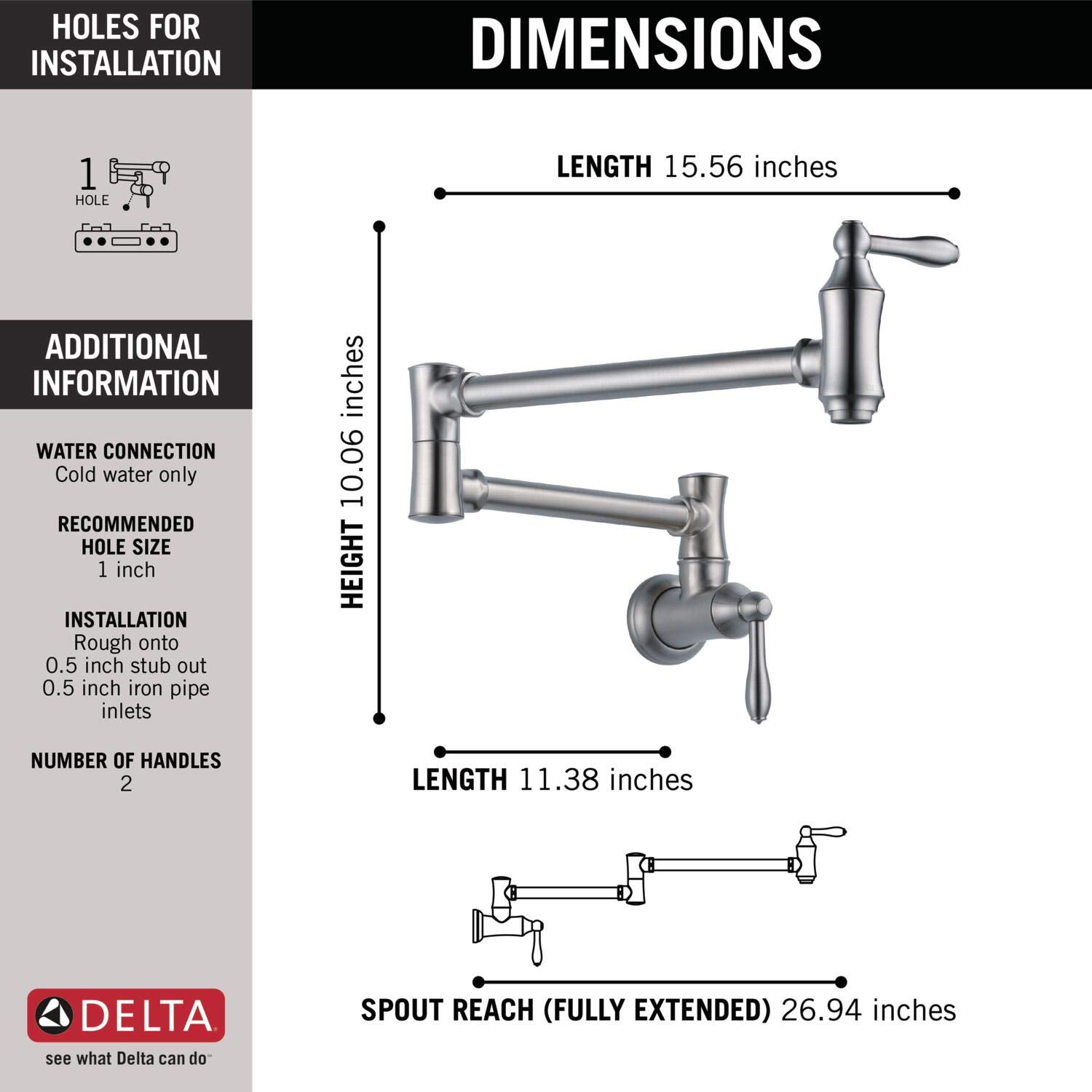 Delta grifo 1177lf-ar soporte de pared Pot Filler Grifo, inoxidable ártico