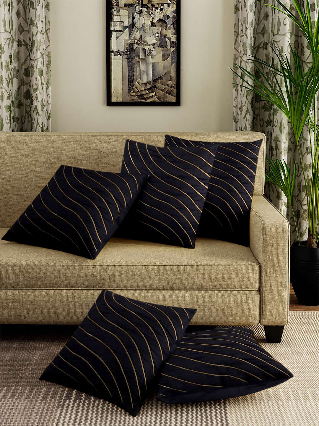 Dream Weaverz Designer Patch Work Silk Fabric Cushion Covers for Sofa - Pack of 5 (Black, 12 X 12 Inch)