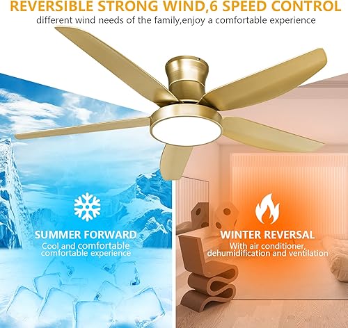 Miniatura 5 de Ventilador de techo dorado de 52 pulgadas con control remoto de luces, ventilador LED moderno de perfil bajo, kit de luz de ventilador de techo de