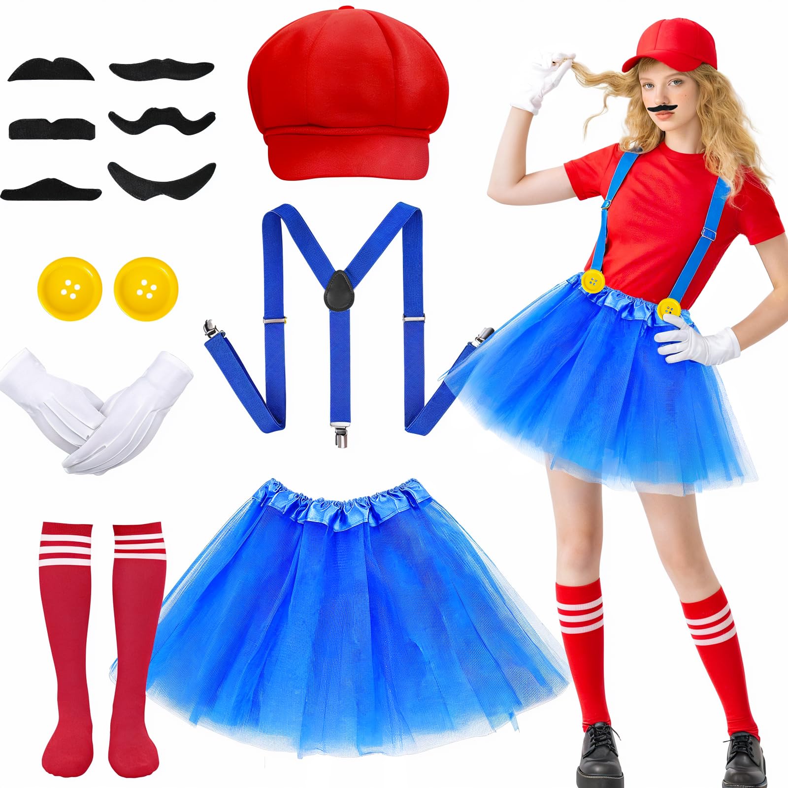 14PCS Super Bros Costume Set for Women, Plumber Fancy Dress Set with Green Hat Tutu Skirt Striped Sock Glove Strap Buttons Beard for Adult Halloween Carnival Cosplay Party(Red)