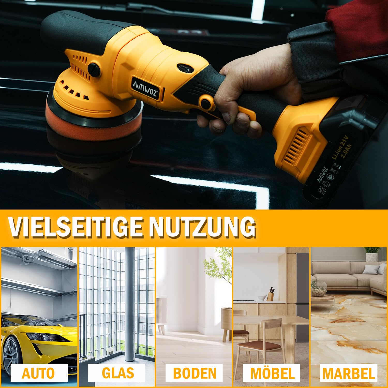 AUTIWOZ 21V Akku Poliermaschine Auto,Exzenterpolierer Orbit 9mm,Professionell Puffer/Polier mit 2 Batterien,6 Geschwindigkeit 2800-5800RPM,Polierte Polieren Auto Boot Motorrad,125mm Polierschwamm