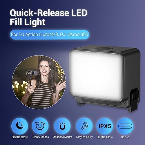 Miniatura 2 de JJC Luz auxiliar magnética para DJI Osmo Action 5 Pro 4 3, mini luz de video LED recargable, para grabación de vlog selfie, luz impermeable IPX5