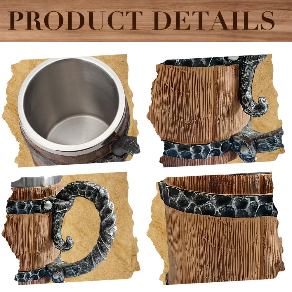 Holzkrug Mittelalter, Bierkrug Holz mit Edelstahl, 600ml Fass Retro Krug Holzfass, Beer Mug für Kaffee/Getränke/Saft, Geschenk für Männer, Vatertagsgeschenk