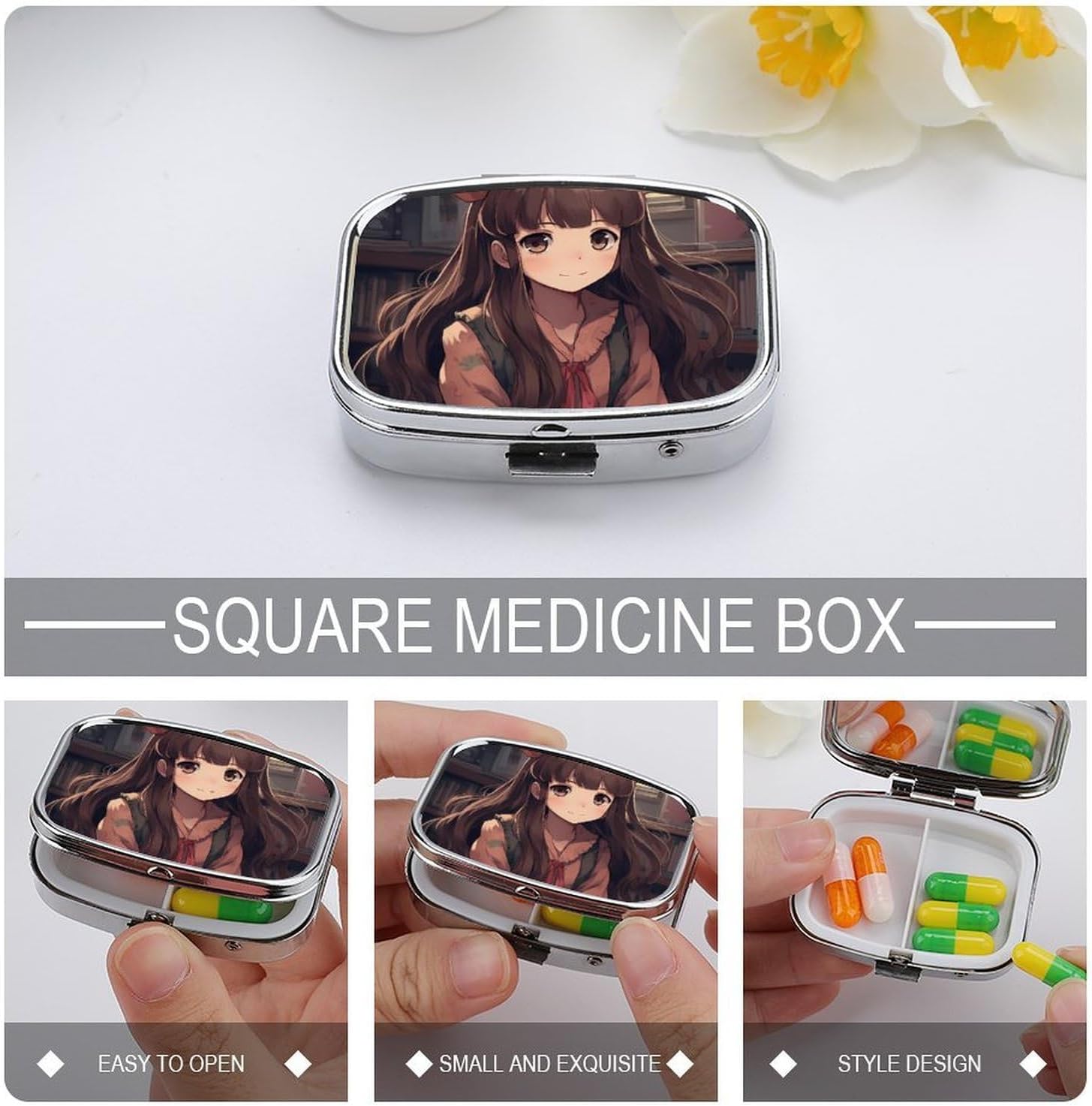 Little Woman in Anime Pill Box 2 Compartment Waterproof Pill Case with Mirror Portable for Purse Pocket Daily Medicine Vitamin Organizer Travel Med Container Holder for Fish Oil Supplements image 4