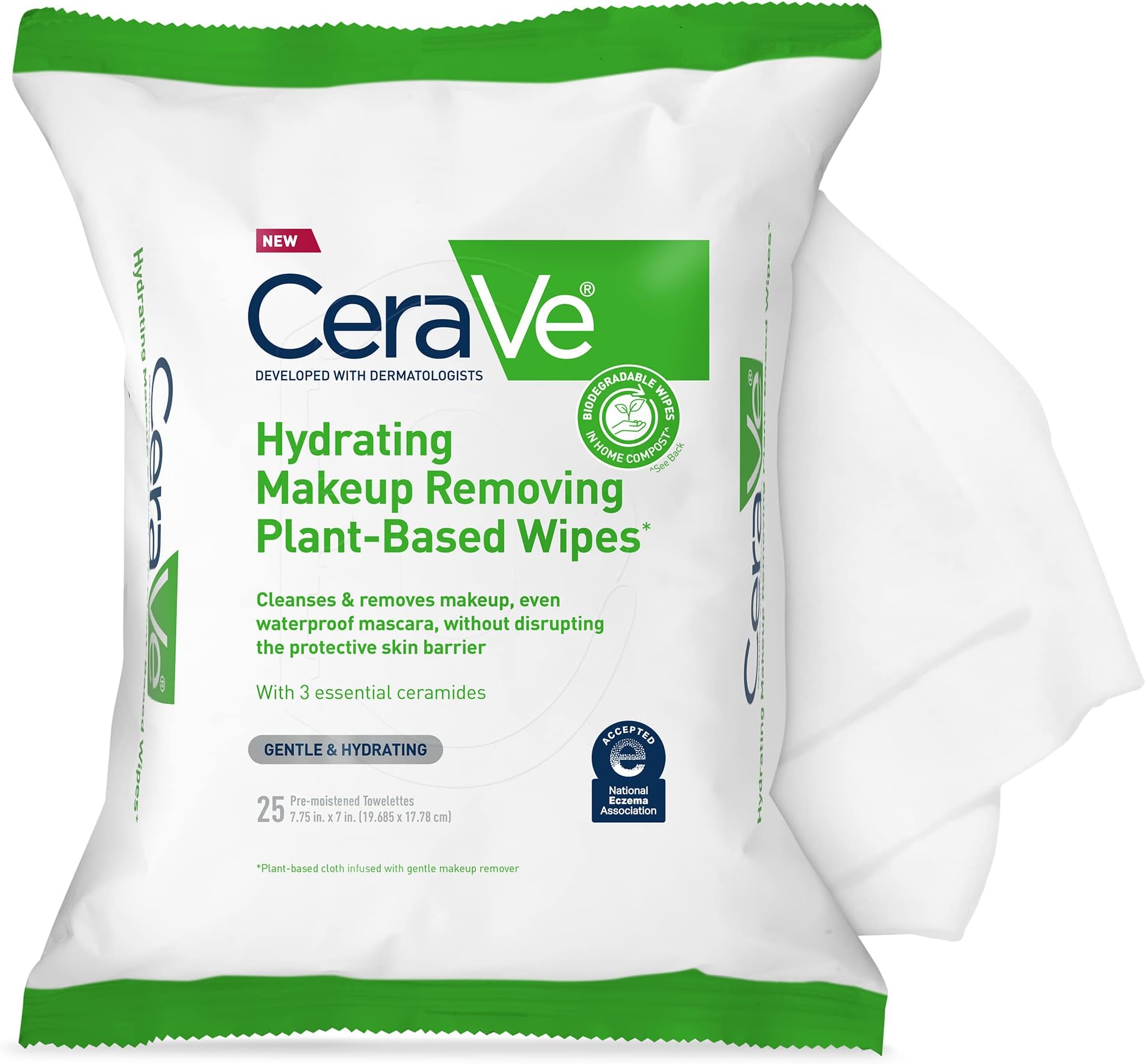 CeraVe Makeup Remover Wipes, Plant Based Face Wipes, Biodegradable in Compost, Waterless Face Wash, Travel Essentials for Women, Suitable for Sensitive Skin, Fragrance-free + Non-comedogenic, 25ct