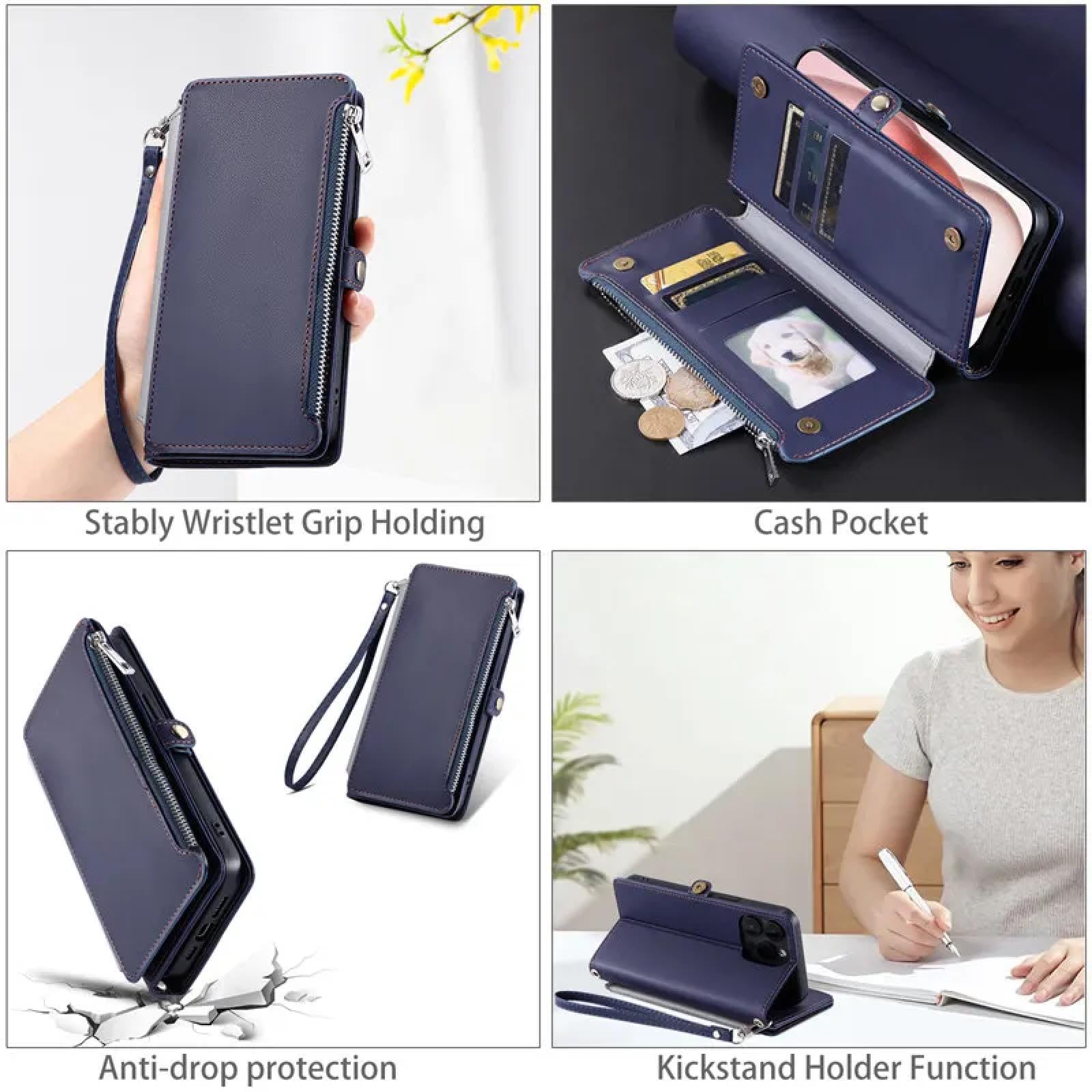 Do iPhone'a 15 Crossbody skórzany portfel z zamkiem błyskawicznym, etui na telefon, smycz, etui z klapką (do iPhone'a 15/różowy)