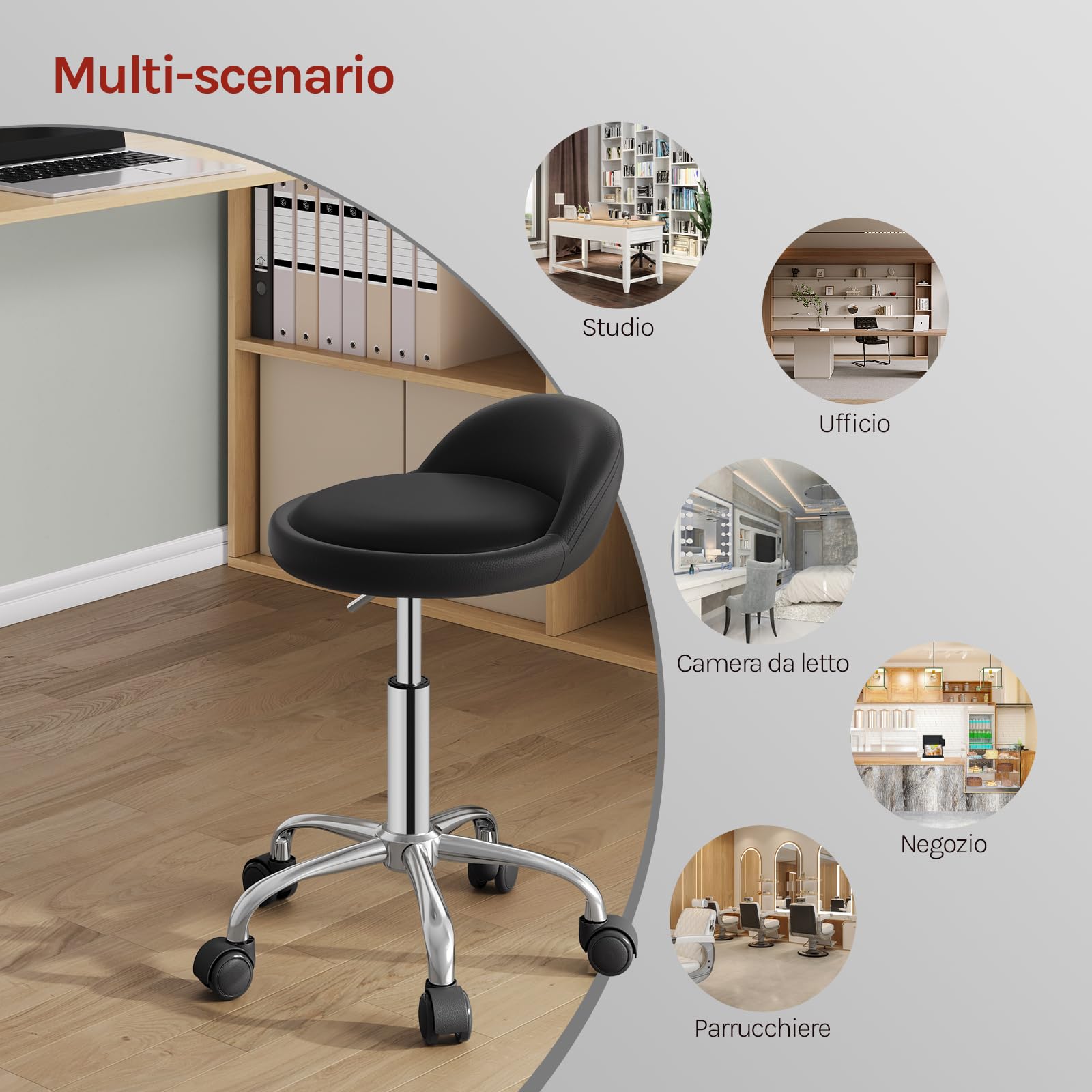 Sgabello Da Sella Ergonomico Professionale Con Ruote - Senza Schienale, Altezza Regolabile 61-81 Cm, Portata 158 Kg - Per Salone, Tatuaggi, Pedicure, Cucina (Nero)