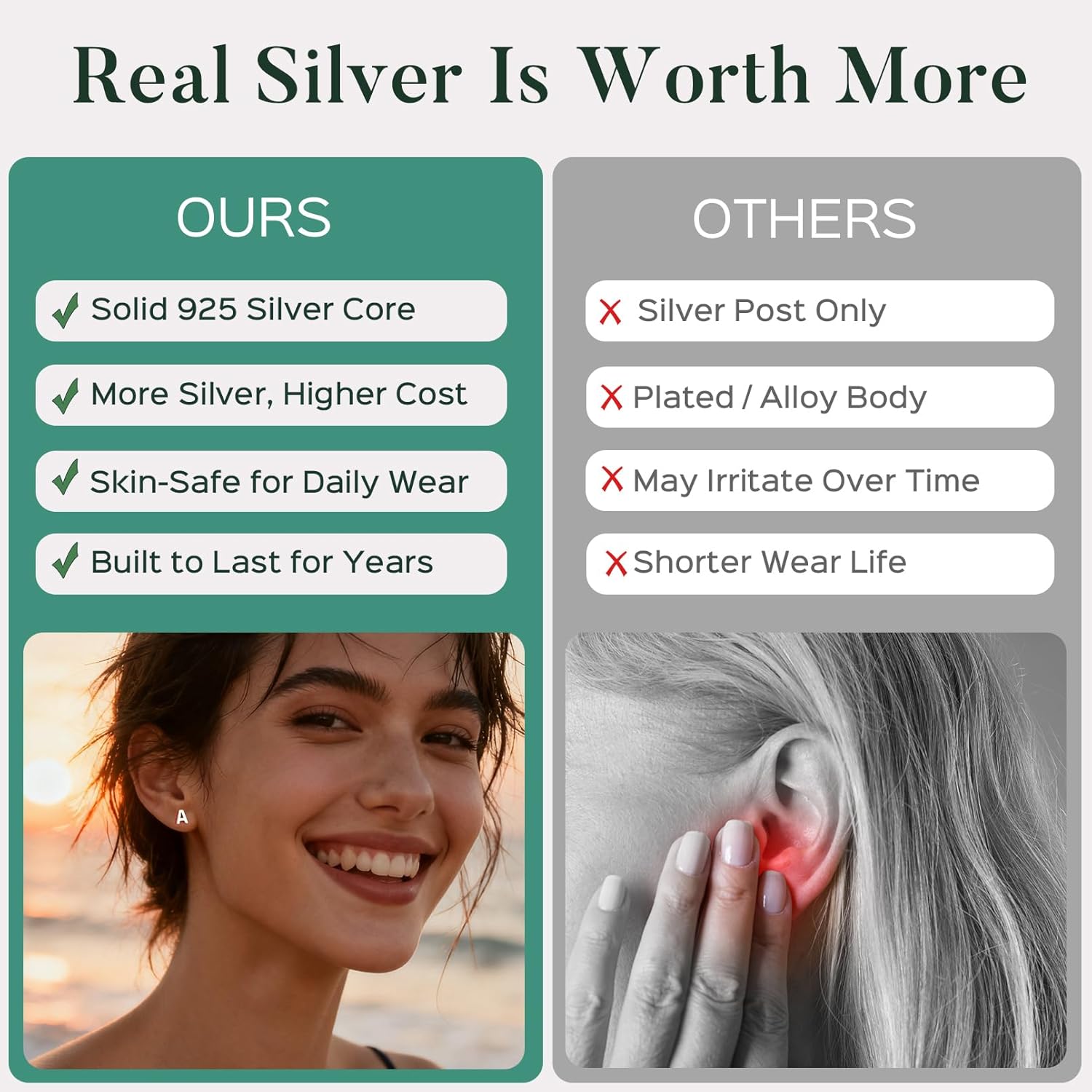 ChicSilver Hypoallergenic 925 Sterling Silver Stud Earrings Simple Tiny Initial Letter A-Z Studs for Women Sensitive Ears - Image 5